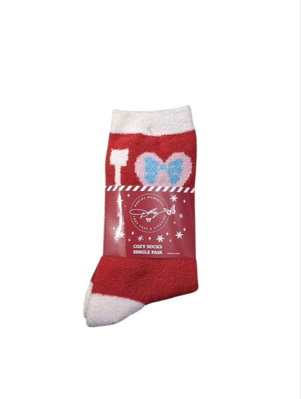 Dolly Cozy Red & White Fuzzy Crew Socks with Heart Accent